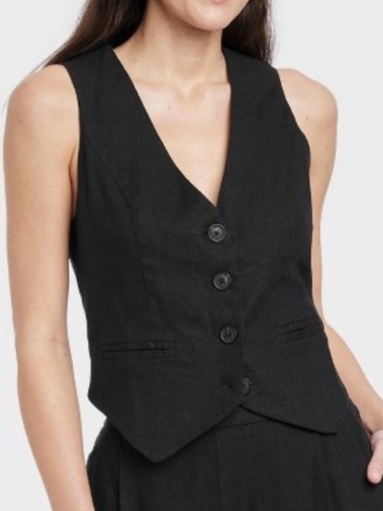a new day Jackets & Blazers - a new day Black Tailored Linen V-Neck Button Vest